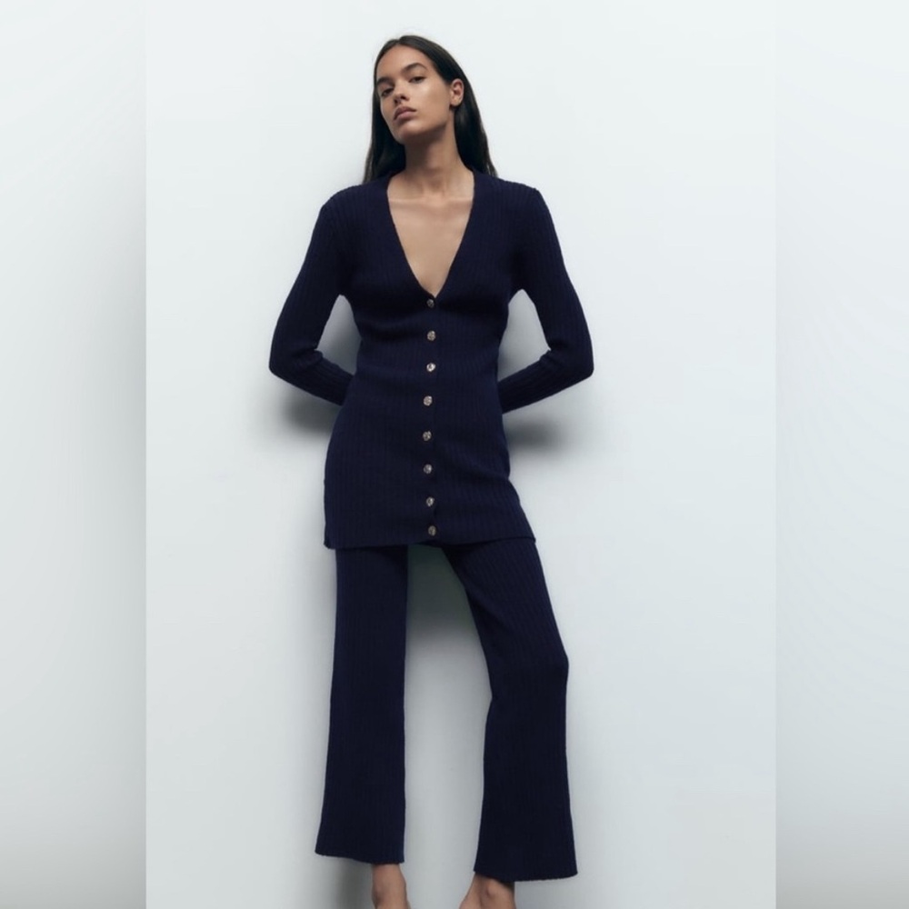Women’s Ribbed Knit Navy Blue Zara Cardigan and Pants Set